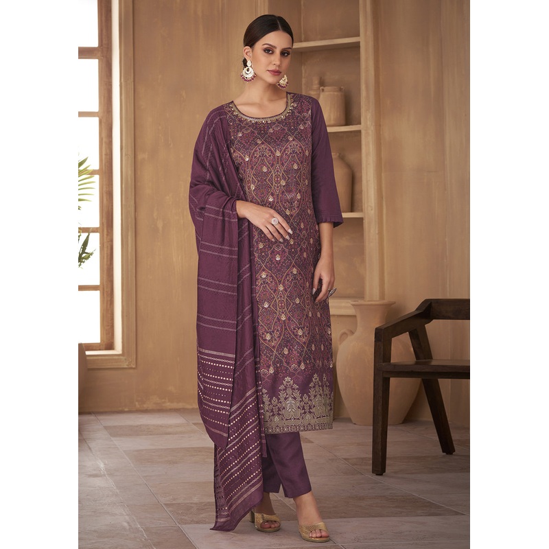 Inventive Purple Russian Silk Embroidered Pant Style Suit