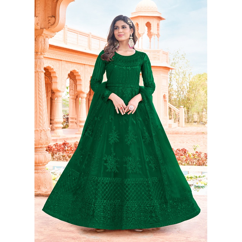 Long Length Dark Green Embroidered Net Anarkali Suit
