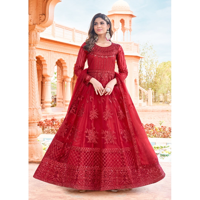 Long Length Pretty Red Embroidered Net Anarkali Suit