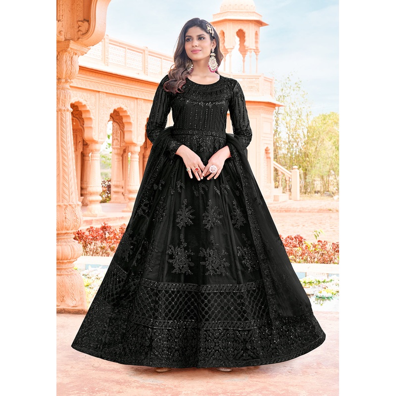 Long Length Strange Black Embroidered Net Anarkali Suit