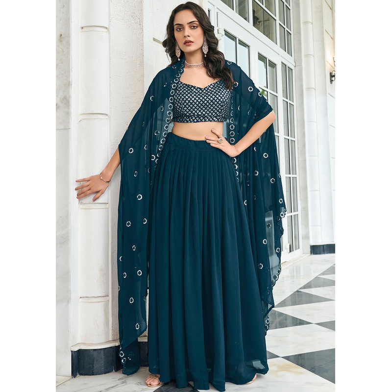 Lovable Navy-Blue Sequined Embroidered Shrug Style Lehenga Choli