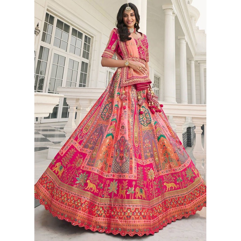 Multicolor Peach Heavy Embroidered Silk Bridal Lehenga Choli