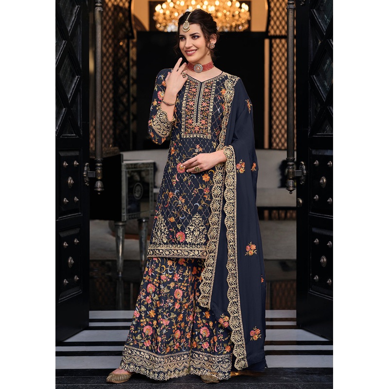 Navy Blue Chinon & Georgette Designer Palazzo Salwar Suit