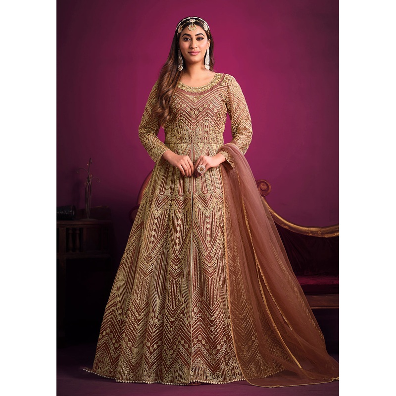 Net Brownish Peach Floor Length Sangeet Wear Anarkali Suit