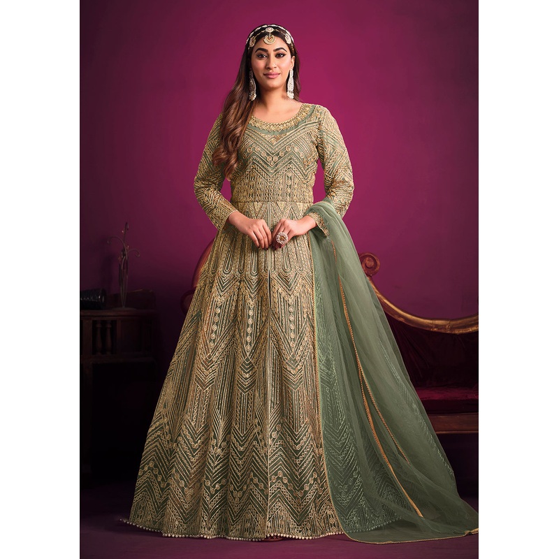 Net Elegant Green Floor Length Sangeet Wear Anarkali Suit