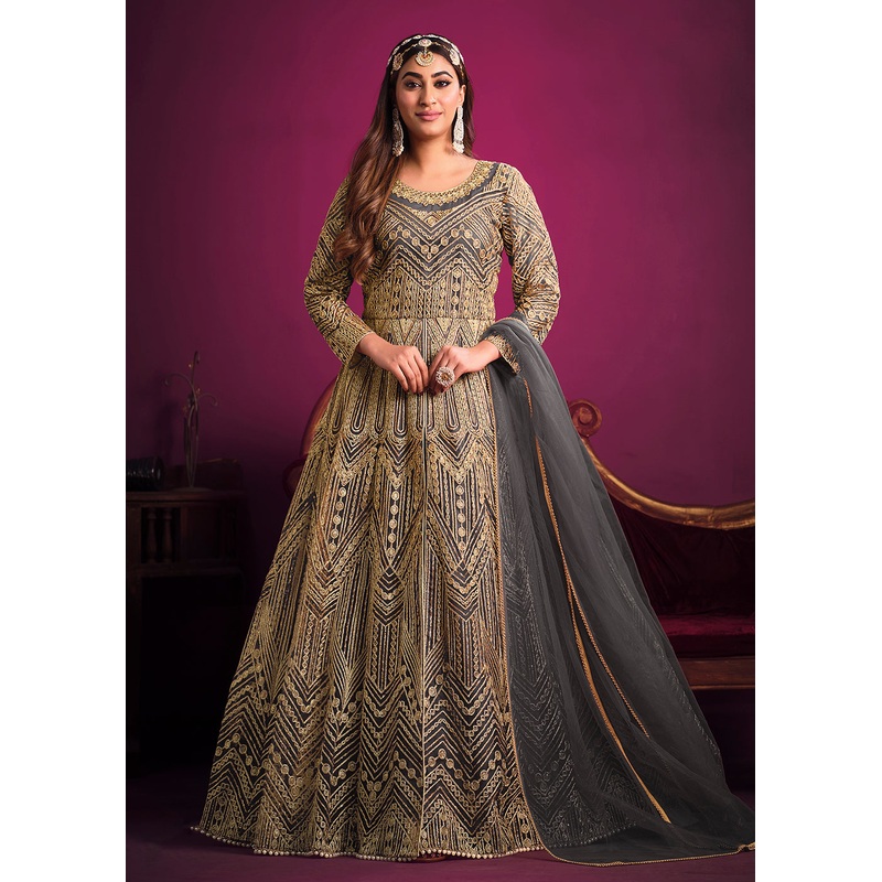 Net Elegant Grey Floor Length Sangeet Wear Anarkali Suit