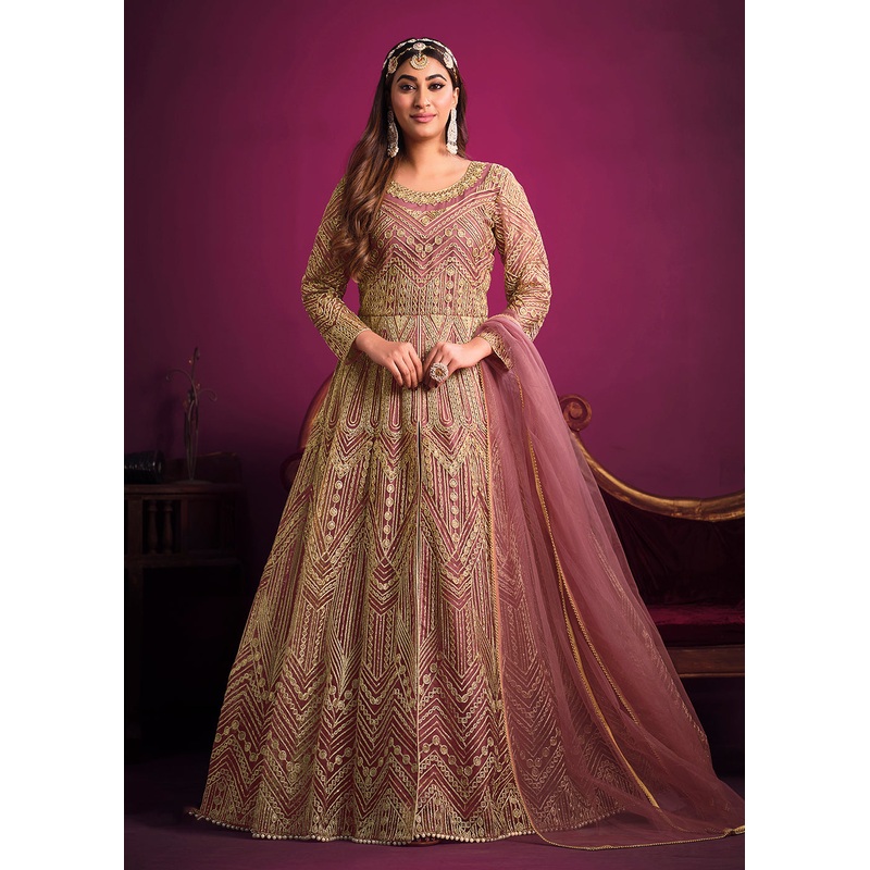 Net Elegant Pink Floor Length Sangeet Wear Anarkali Suit