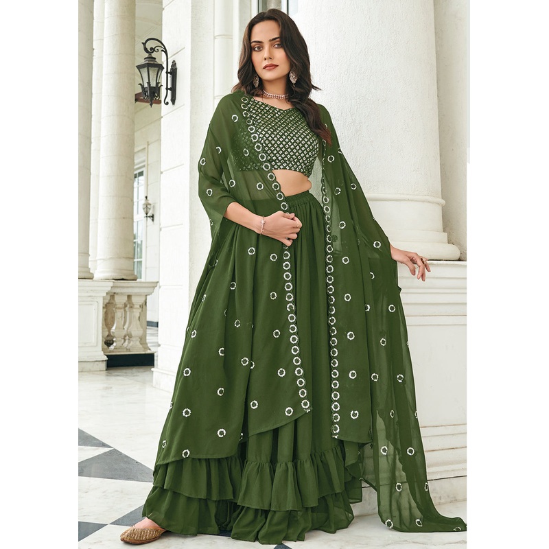 Olive Green Sequined Embroidered Shrug Style Lehenga Choli