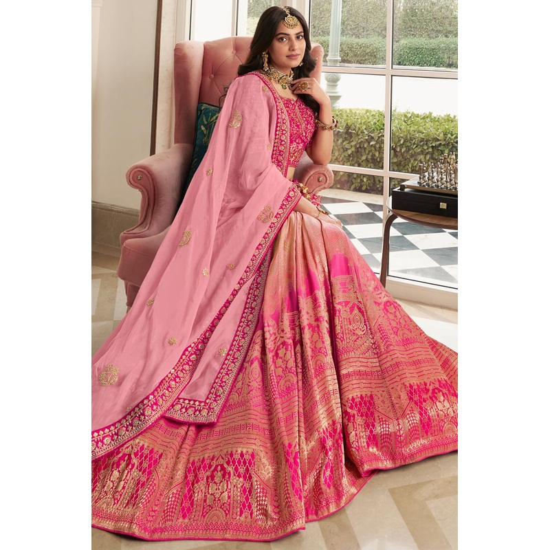 Ombre Coral Pink Heavy Embroidered Silk Bridal Lehenga Choli