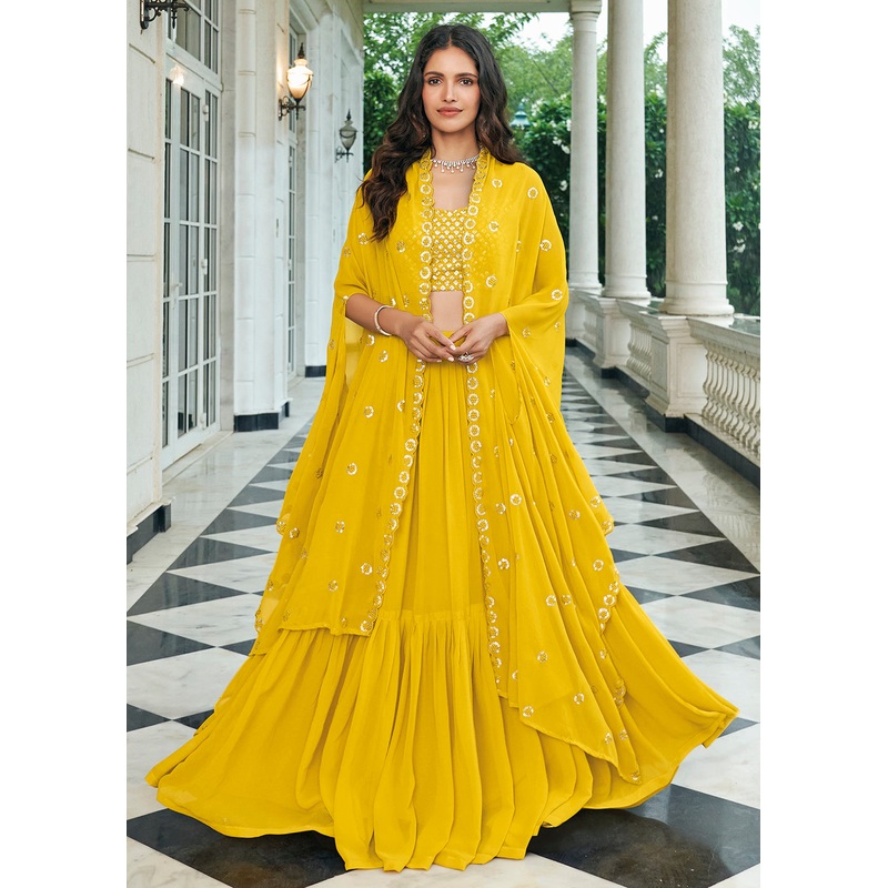 Opulent Yellow Sequined Embroidered Shrug Style Lehenga Choli