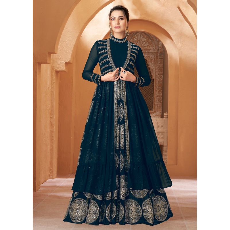 Party Wear Admirable Prussian Blue Jacket Style Anarkali Dress