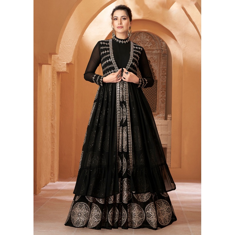 Party Wear Divine Charcoal Black Jacket Style Anarkali Dress