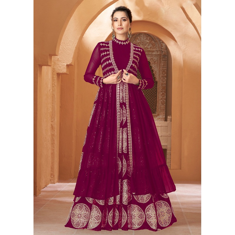 Party Wear Mesmeric Magenta Plum Jacket Style Anarkali Dress