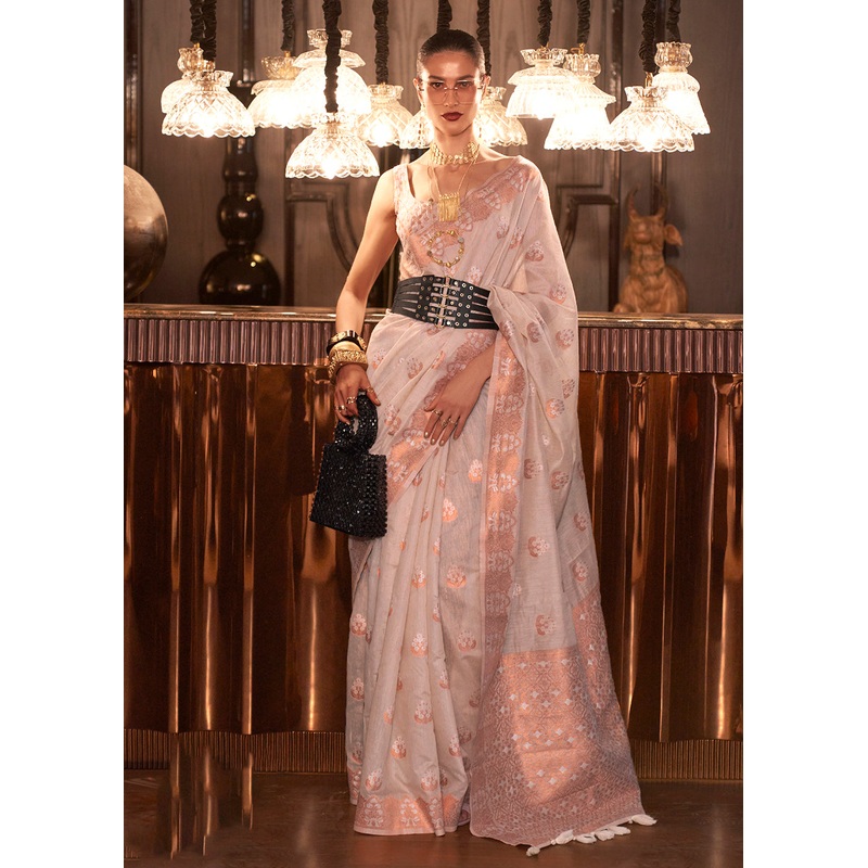 Pearl Off White Copper Zari Weaving Linen Designer Saree