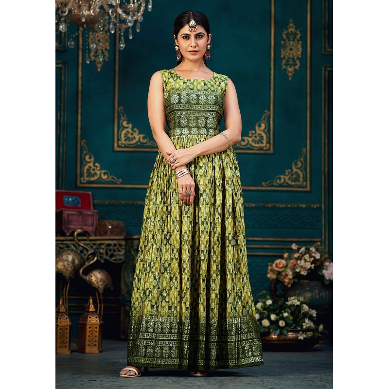 Pleasing Green Digital Foil Printed Ready to Wear Gown