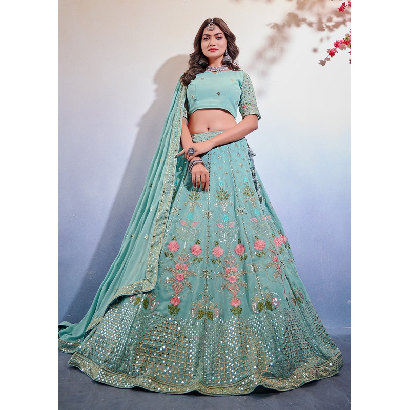 Premium Georgette Beauteous Sky Blue Marriage Wear Lehenga Choli