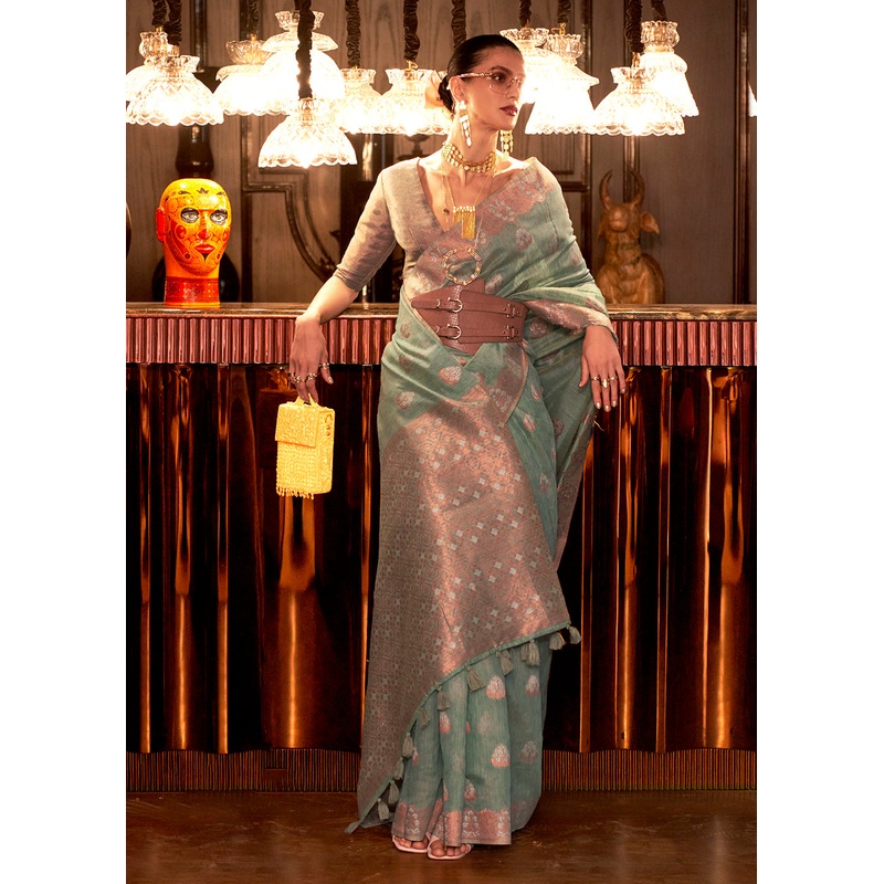 Pretty Firefly Green Copper Zari Weaving Linen Designer Saree