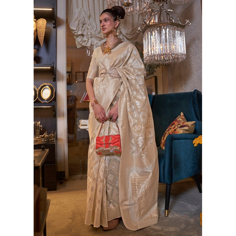 Pretty Ivory Beige Zari Weaving Linen Designer Saree