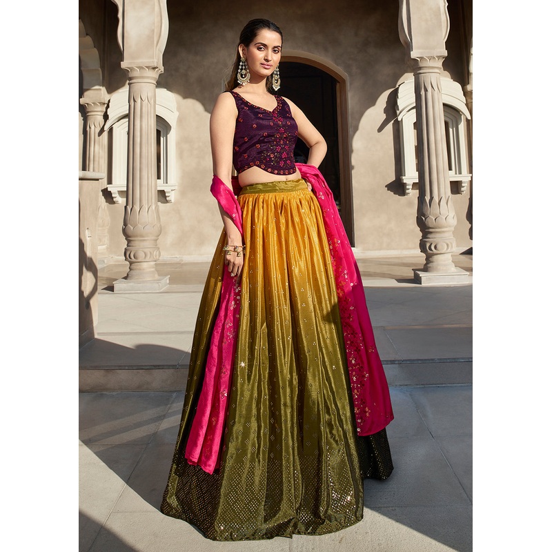 Pretty Mustard Olive Embroidered Designer Lehenga Choli