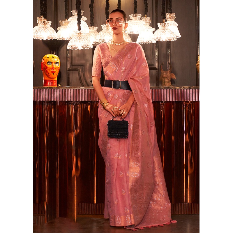 Pretty Sweet Pink Copper Zari Weaving Linen Designer Saree