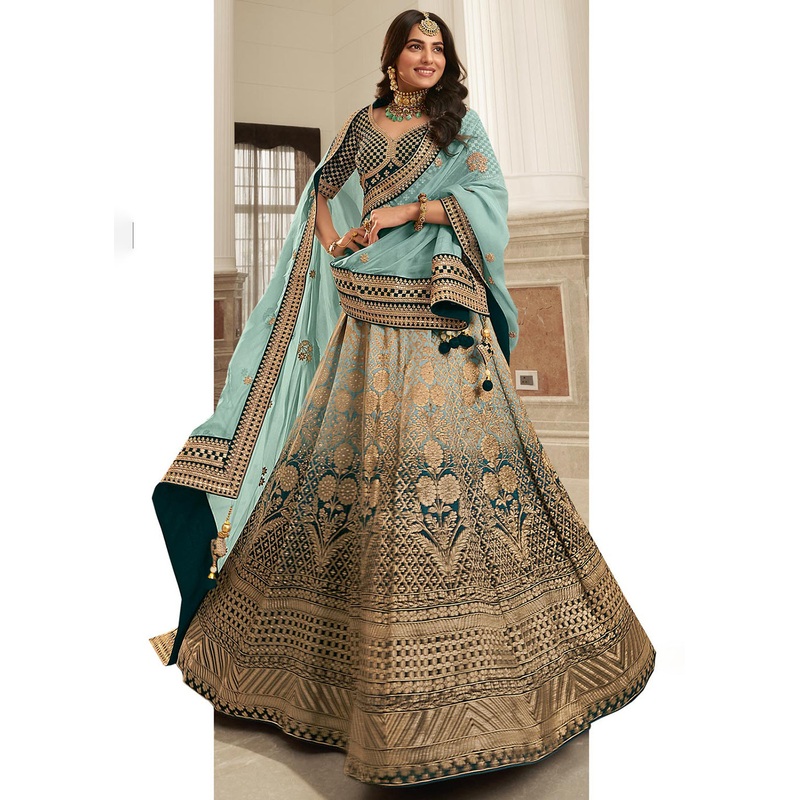 Pretty Teal Blue Heavy Embroidered Silk Bridal Lehenga Choli
