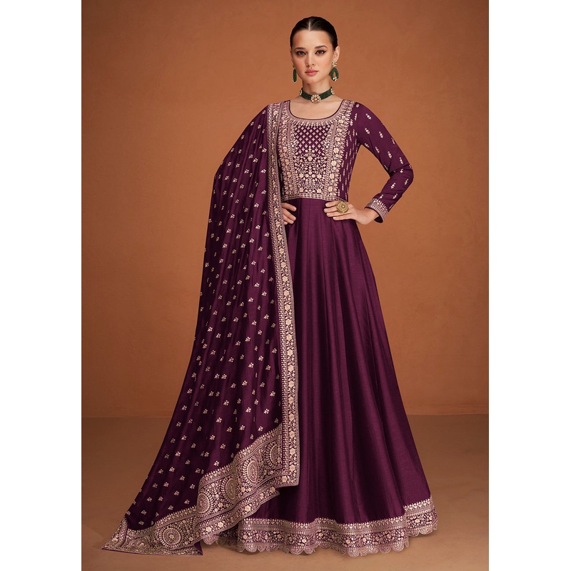 Seductive Plum Wine Silk Embroidered Party Wear Anarkali