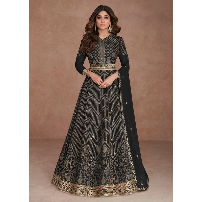 Sequined Embroidered Black Shamita Shetty Anarkali Gown