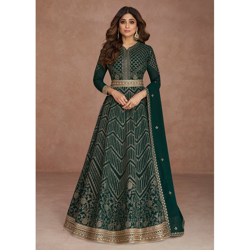 Sequined Embroidered Dark Green Shamita Shetty Anarkali Gown