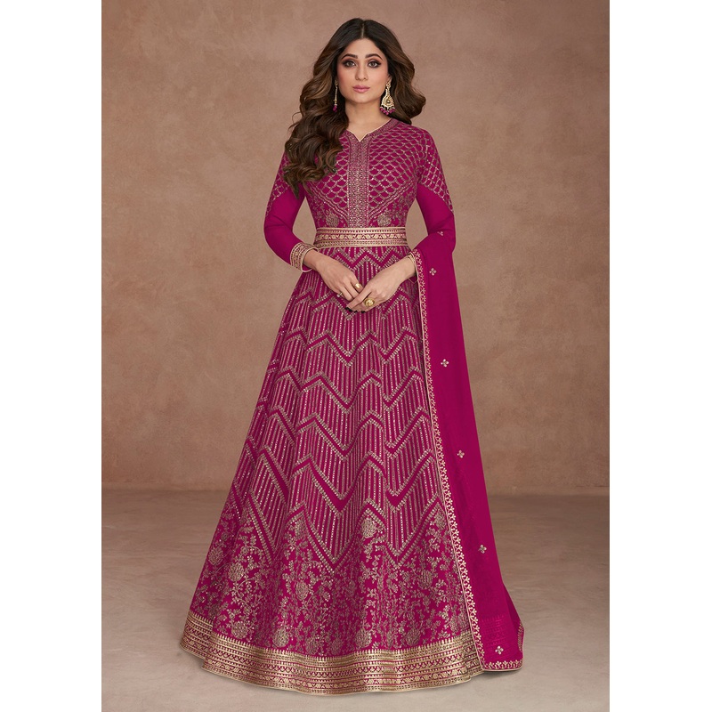 Sequined Embroidered Hot Pink Shamita Shetty Anarkali Gown