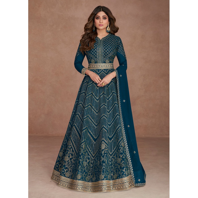 Sequined Embroidered Teal Blue Shamita Shetty Anarkali Gown