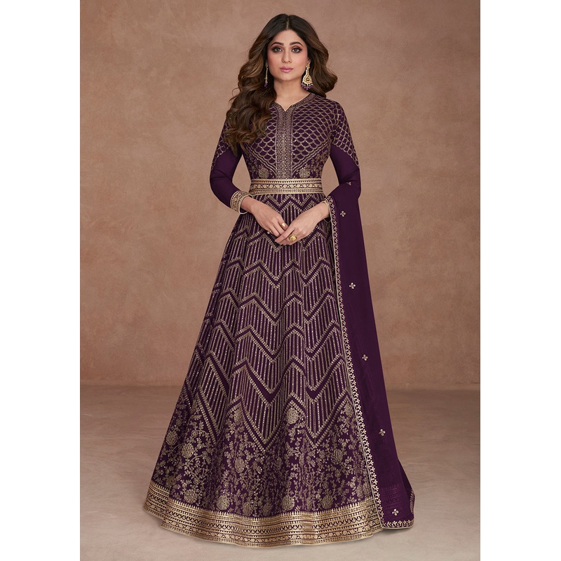 Sequined Embroidered Wine Plum Shamita Shetty Anarkali Gown