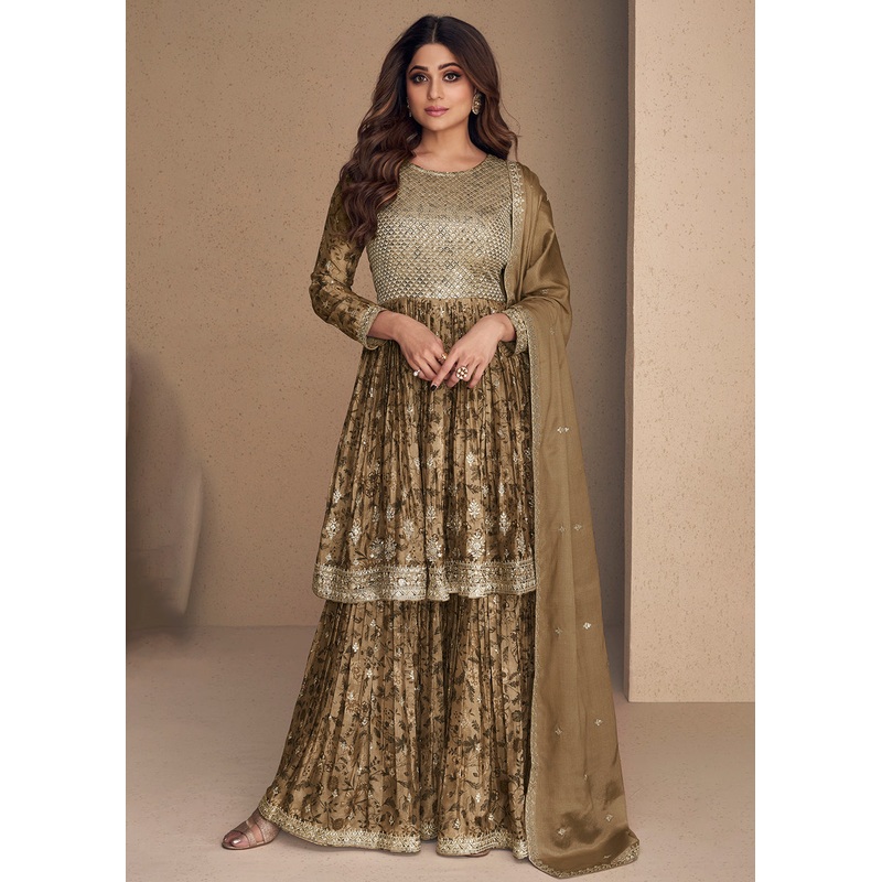 Shamita Shetty Beige Gold Chinon Silk Digital Printed Sharara Suit