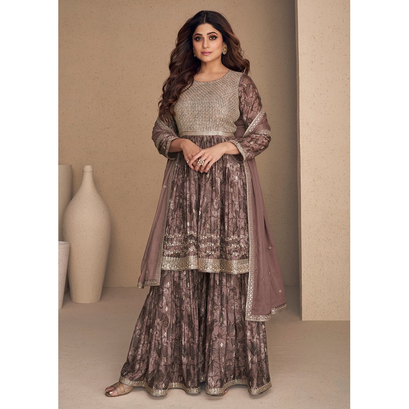 Shamita Shetty Dusty Mauve Chinon Silk Digital Printed Sharara Suit