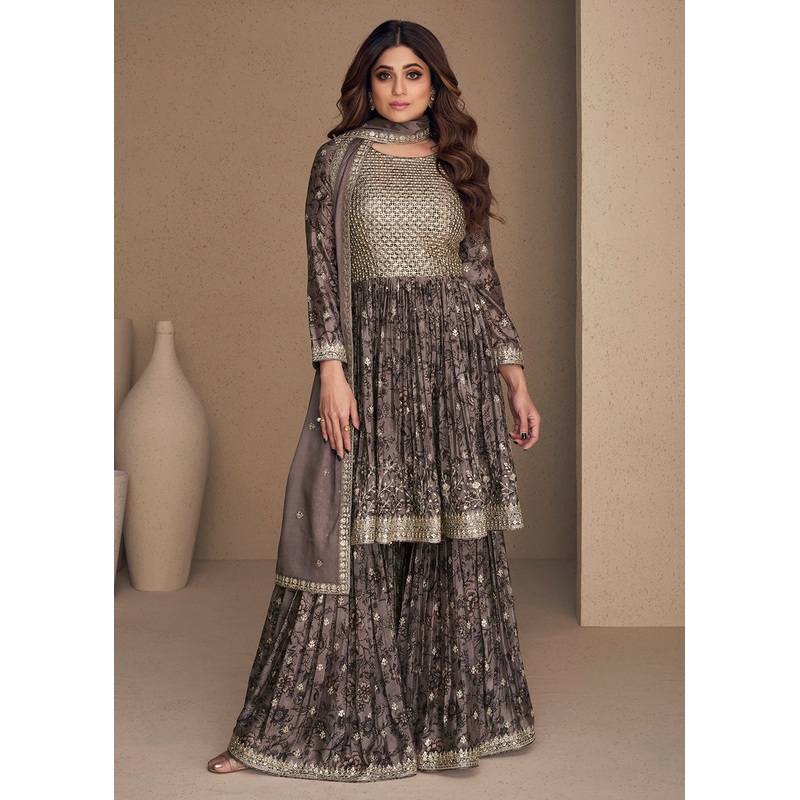 Shamita Shetty Dusty Purple Chinon Silk Digital Printed Sharara Suit