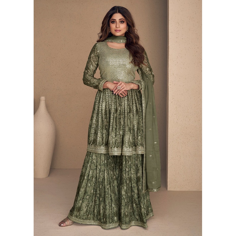 Shamita Shetty Moss Green Chinon Silk Digital Printed Sharara Suit