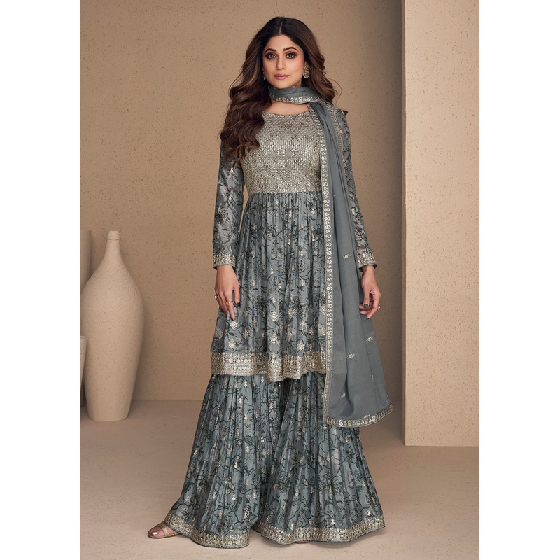 Shamita Shetty Stone Grey Chinon Silk Digital Printed Sharara Suit