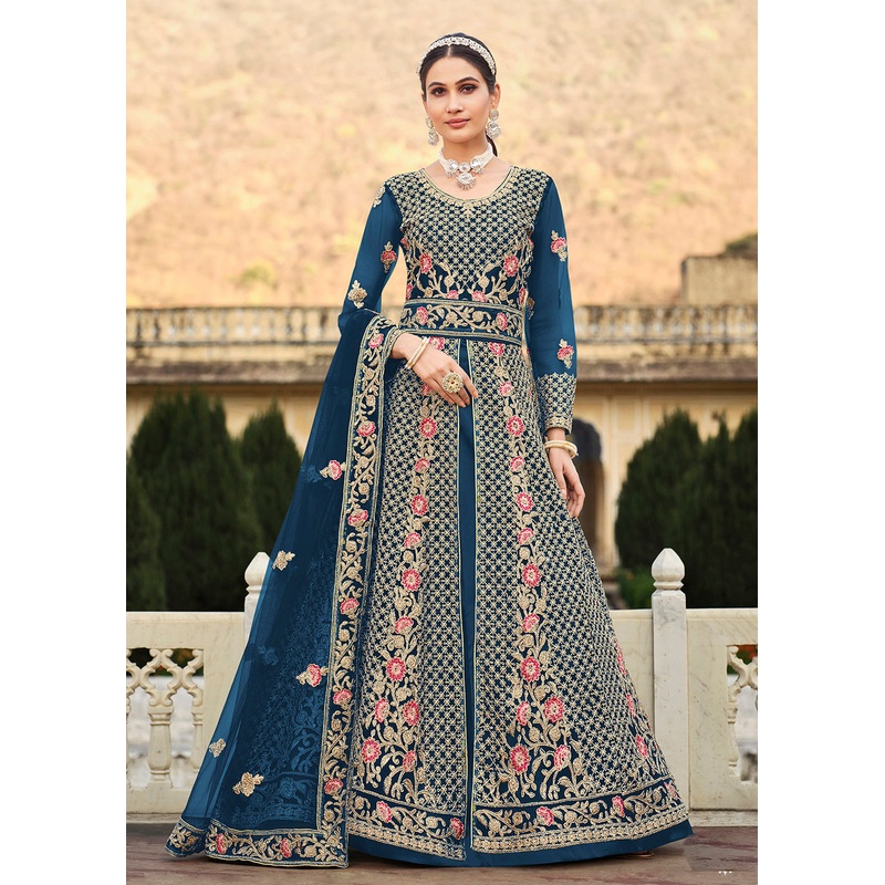 Special Cord & Stone Work Dusty Blue Slit Style Anarkali Suit
