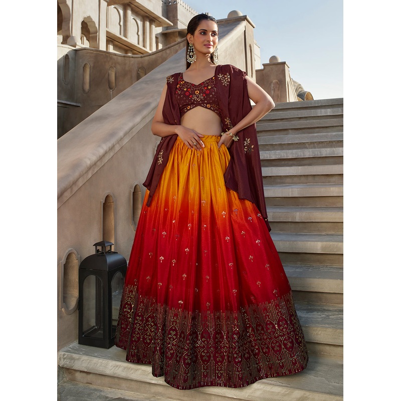 Stunning Orange Wine Embroidered Designer Lehenga Choli
