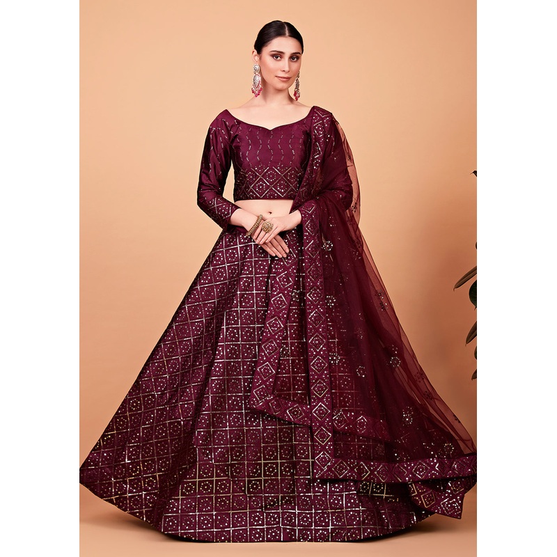 Superb Wine Multi Thread & Sequins Bridesmaid Lehenga