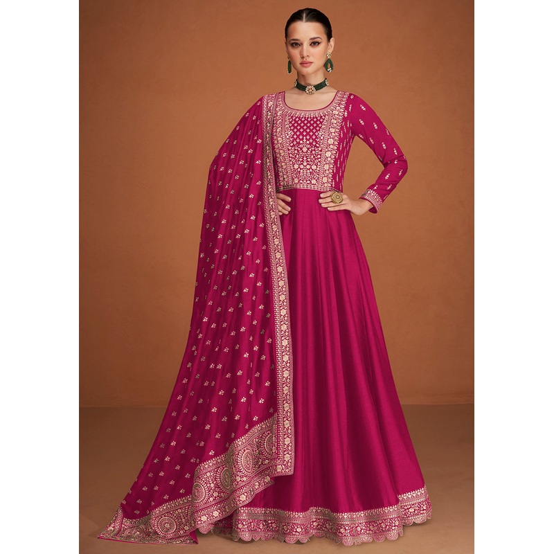 Tantalizing Magenta Pink Silk Embroidered Party Wear Anarkali
