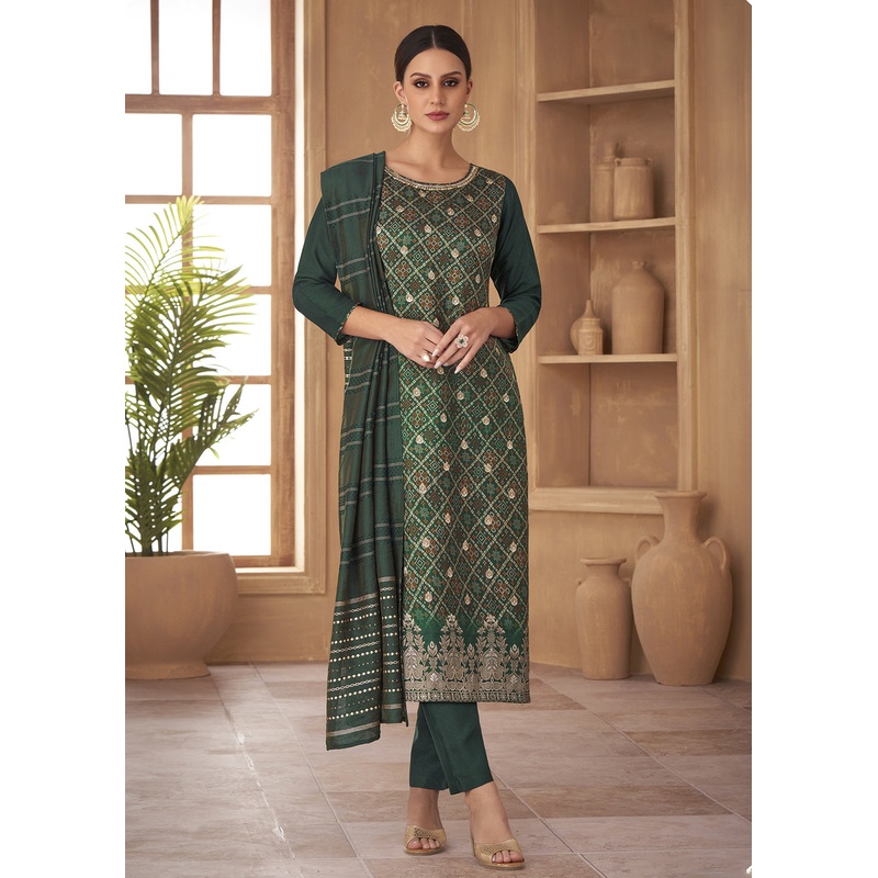 Tempting Green Russian Silk Embroidered Pant Style Suit