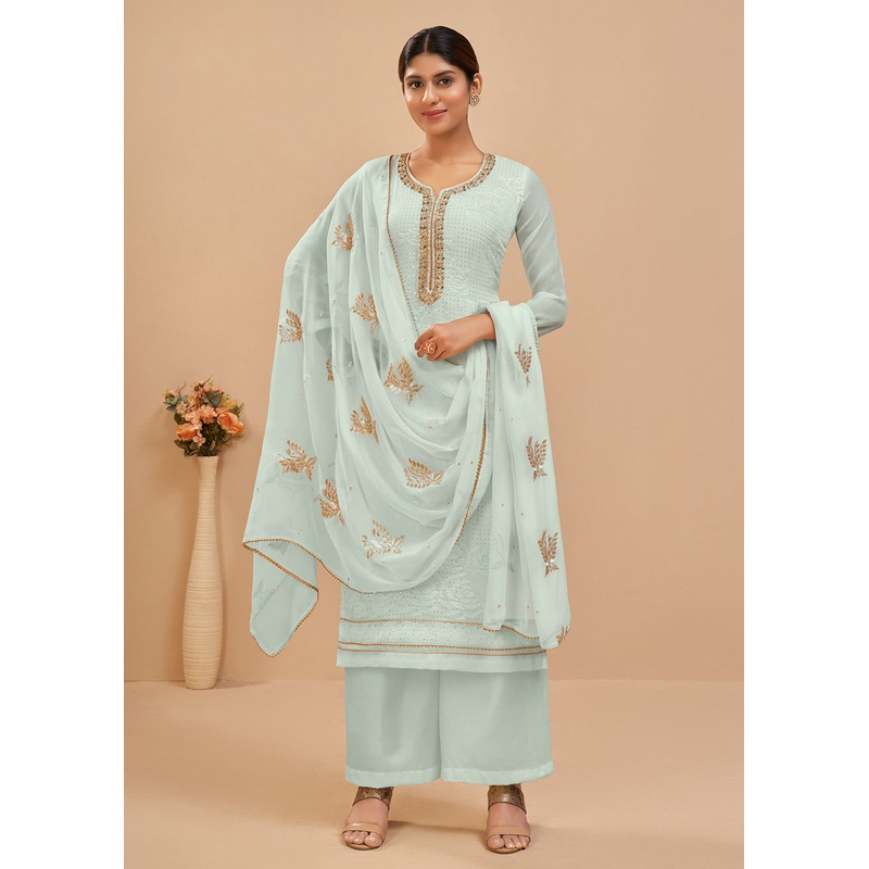 Tempting Light Blue Sequins & Khatli Work Festive Palazzo Suit
