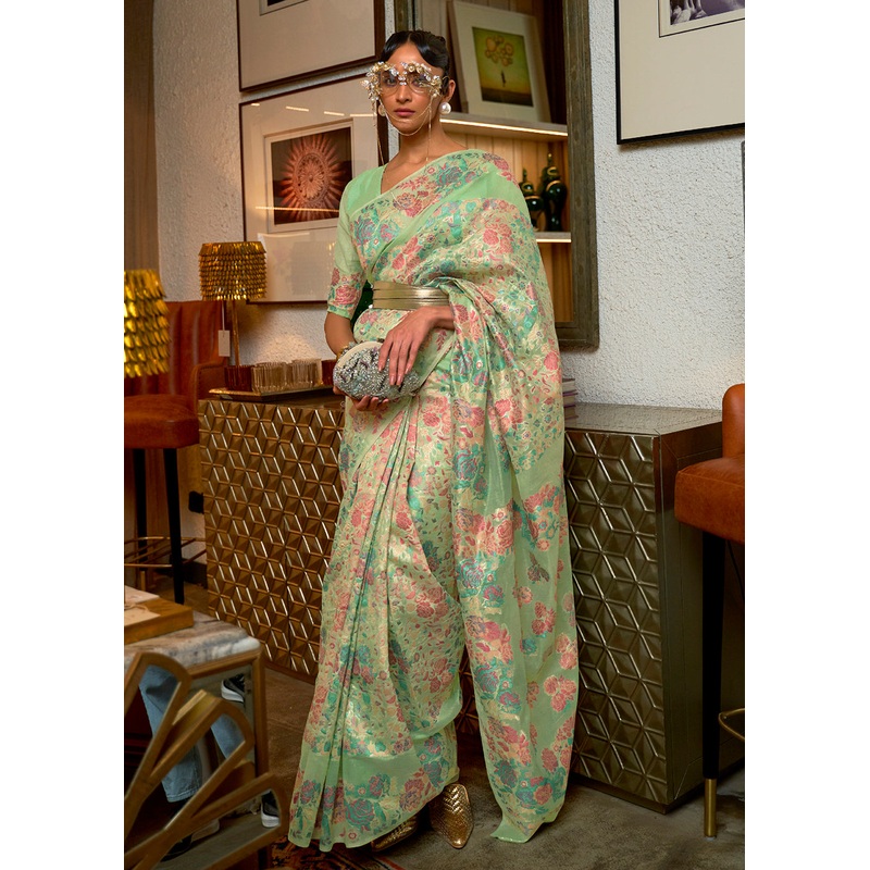 Trendy Green Floral Kashmiri Weaving Silk Wedding Party Saree