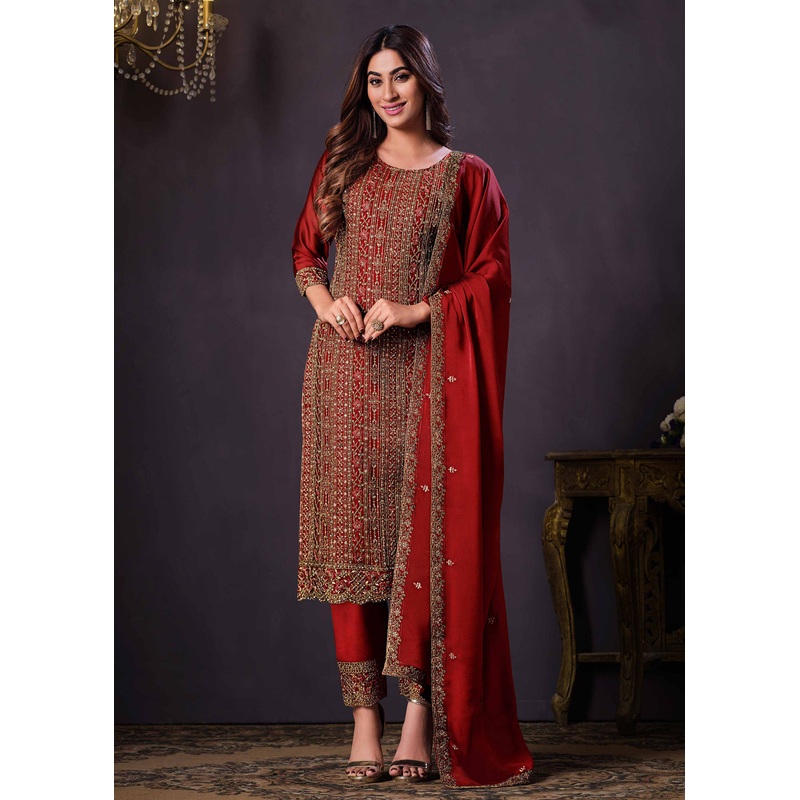 Two Tone Cottonic Georgette Red Function Style Salwar Suit