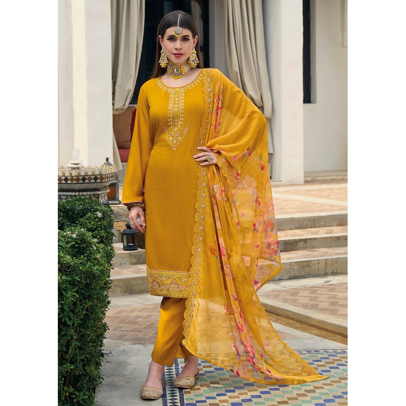 Viscose Silk Bright Yellow Pakistani Pant Style Salwar Suit
