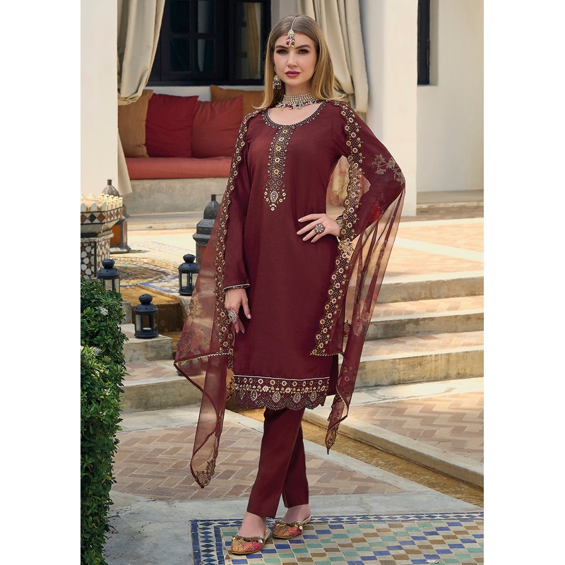Viscose Silk Deep Maroon Pakistani Pant Style Salwar Suit