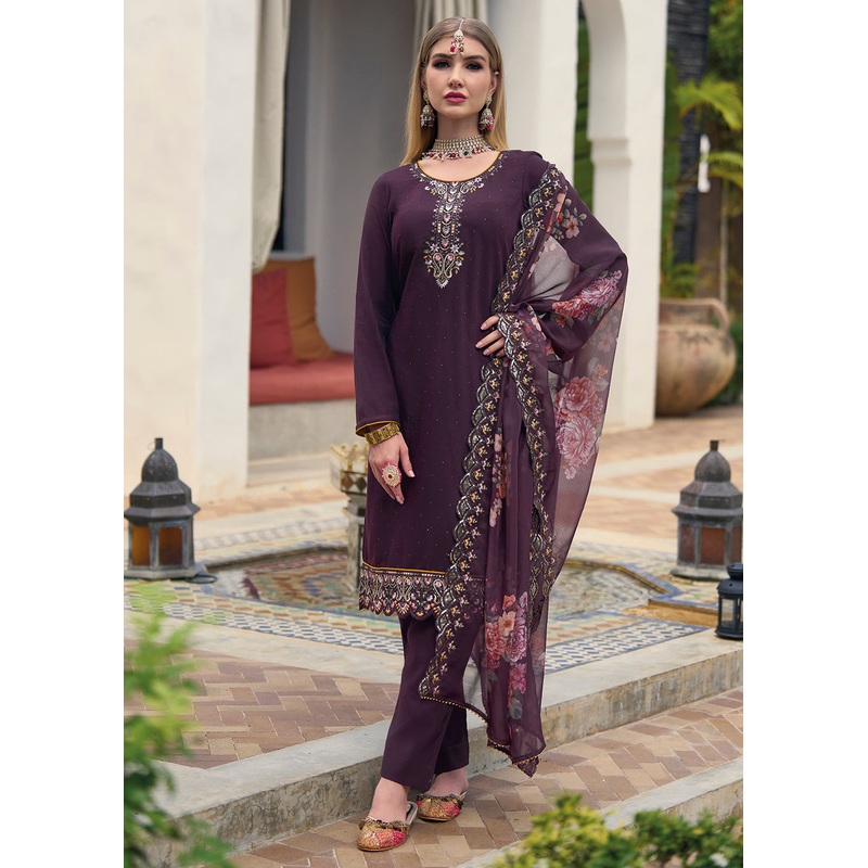 Viscose Silk Plum Purple Pakistani Pant Style Salwar Suit