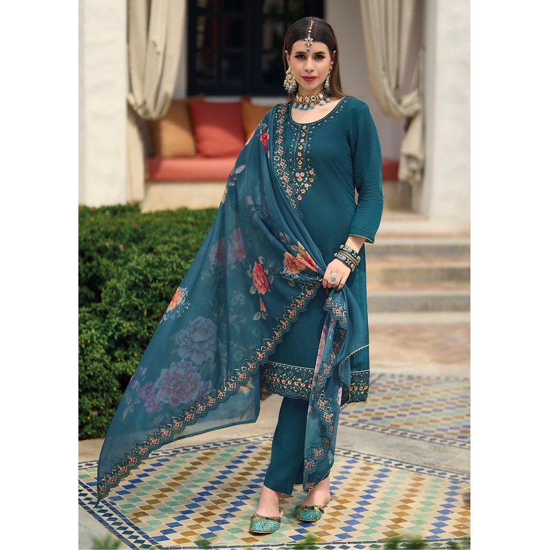 Viscose Silk Teal Blue Pakistani Pant Style Salwar Suit