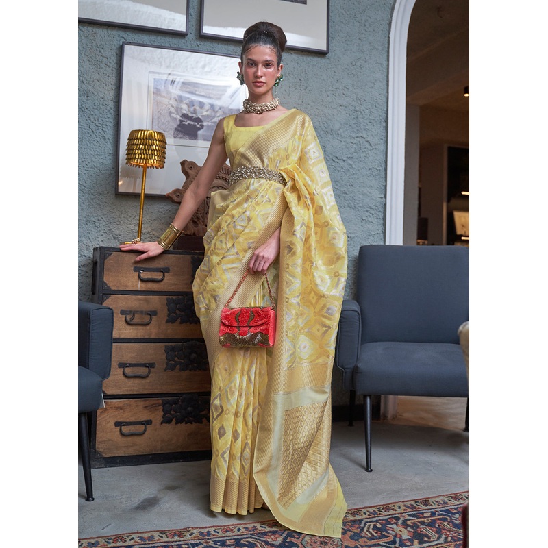 Wonderful Yellow Zari Weaving Linen Designer Saree