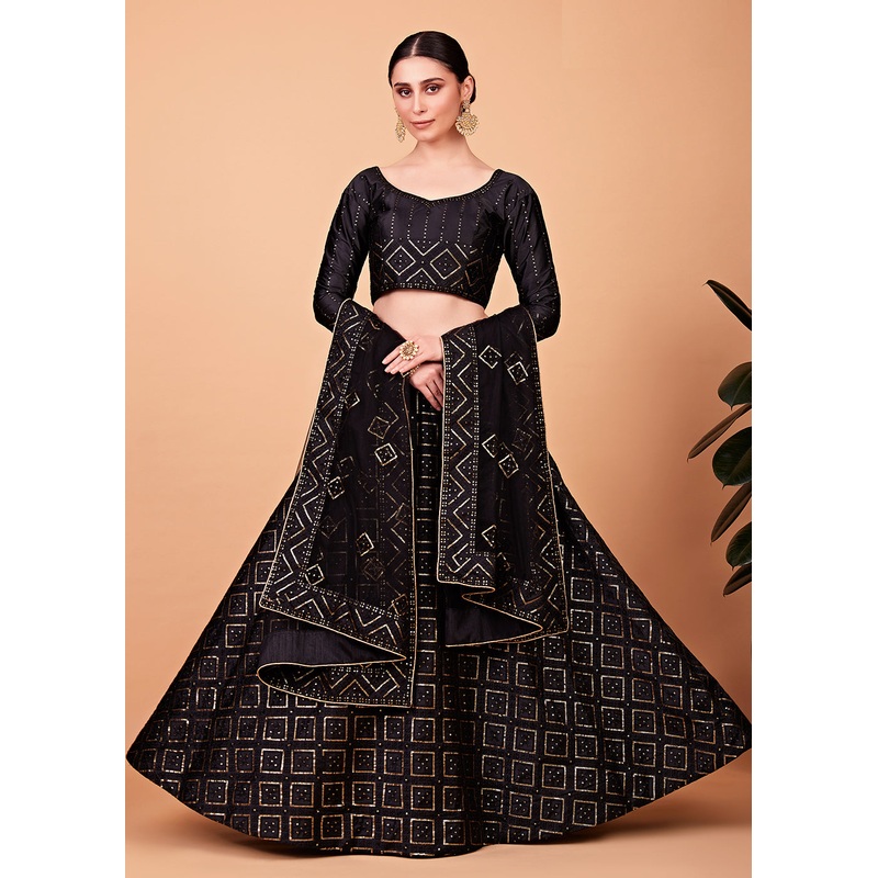 Wondrous Black Multi Thread & Sequins Cocktail Party Lehenga